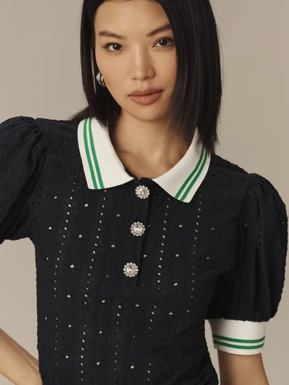 NWT Maeve Puff-Sleeve Lace Polo Top - Picture 3 of 13